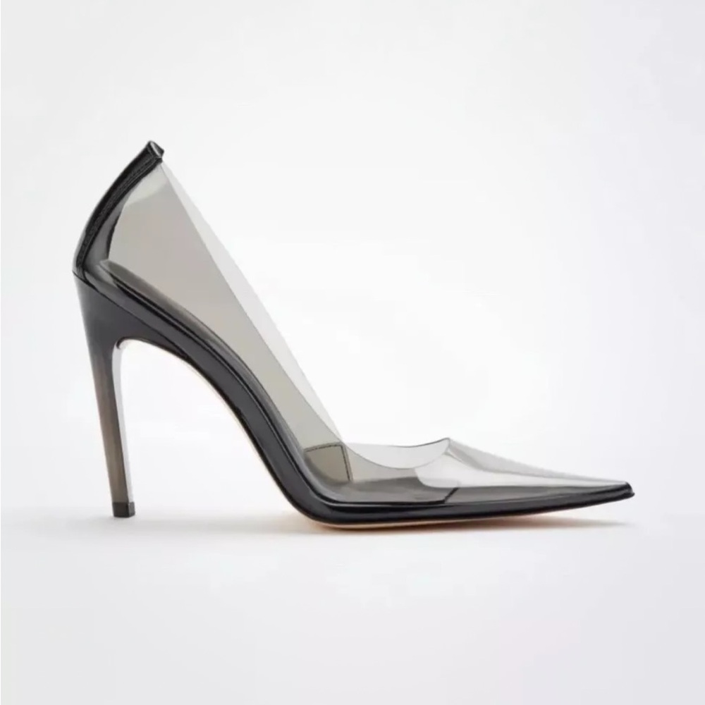 Good American Clear Pointed Toe Pump with Black Trim and Stiletto Heel
